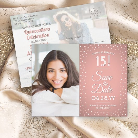 Quinceañera Save the Date 2 Foto Roze Confetti Uitnodiging Briefkaart