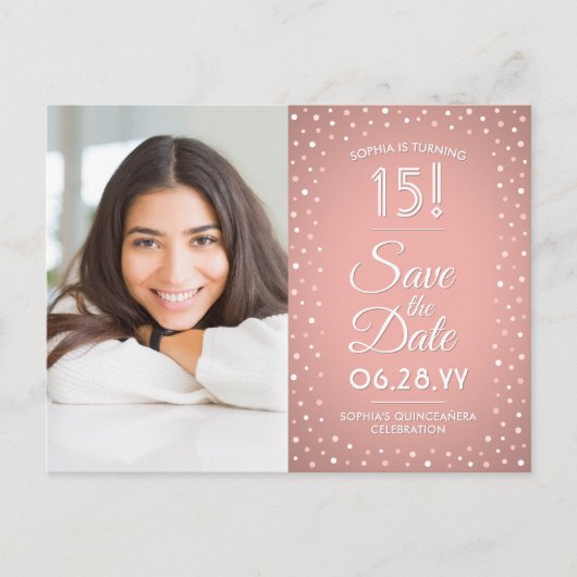 Quinceañera Save the Date 2 Foto Roze Confetti Uitnodiging Briefkaart (Voorkant)
