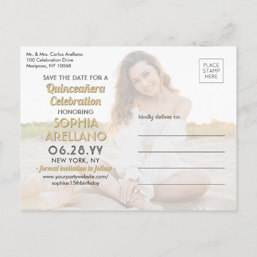 Quinceañera Save the Date 2 Foto Zwart en Goud Uitnodiging Briefkaart (Achterkant)
