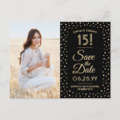 Quinceañera Save the Date 2 Foto Zwart en Goud Uitnodiging Briefkaart (Voorkant)
