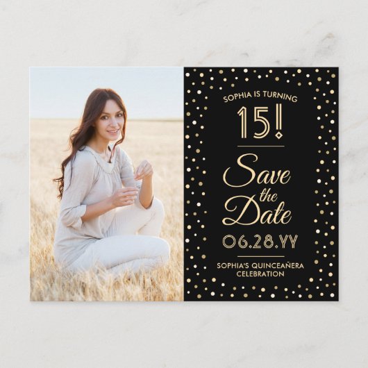 Quinceañera Save the Date 2 Foto Zwart en Goud Uitnodiging Briefkaart (Voorkant)