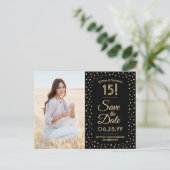 Quinceañera Save the Date 2 Foto Zwart en Goud Uitnodiging Briefkaart (Staand voorkant)
