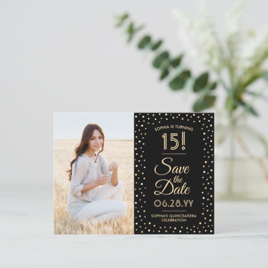 Quinceañera Save the Date 2 Foto Zwart en Goud Uitnodiging Briefkaart (Staand voorkant)