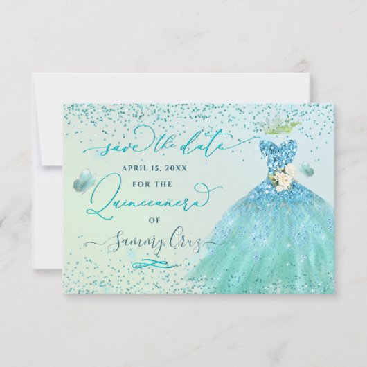 Quinceanera Save the Date Aqua Glitter Dress Kaart (Voorkant)