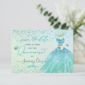 Quinceanera Save the Date Aqua Glitter Dress Kaart (Staand voorkant)