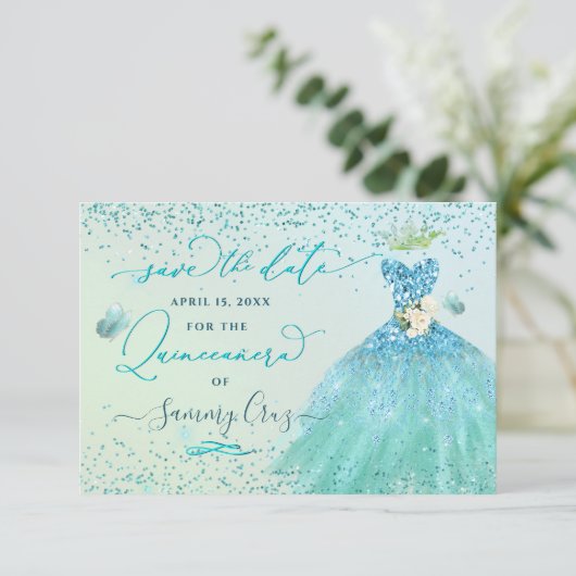 Quinceanera Save the Date Aqua Glitter Dress Kaart (Staand voorkant)