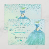 Quinceanera Save the Date Aqua Glitter Dress Kaart (Voorkant / Achterkant)