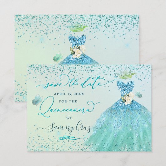 Quinceanera Save the Date Aqua Glitter Dress Kaart (Voorkant / Achterkant)