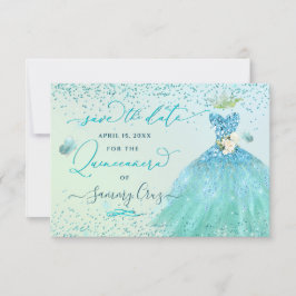 Quinceanera Save the Date Aqua Glitter Dress Kaart