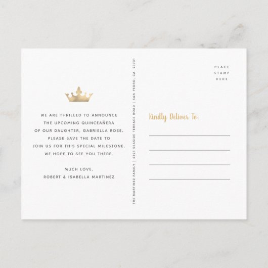Quinceañera Save the Date Black Gold Glitter Crown Uitnodiging Briefkaart (Achterkant)