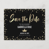 Quinceañera Save the Date Black Gold Glitter Crown Uitnodiging Briefkaart (Voorkant)