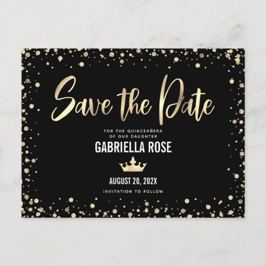 Quinceañera Save the Date Black Gold Glitter Crown Uitnodiging Briefkaart (Voorkant)