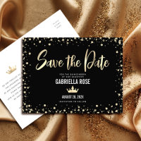 Quinceañera Save the Date Black Gold Glitter Crown