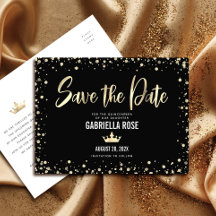 Quinceañera Save the Date Black Gold Glitter Crown