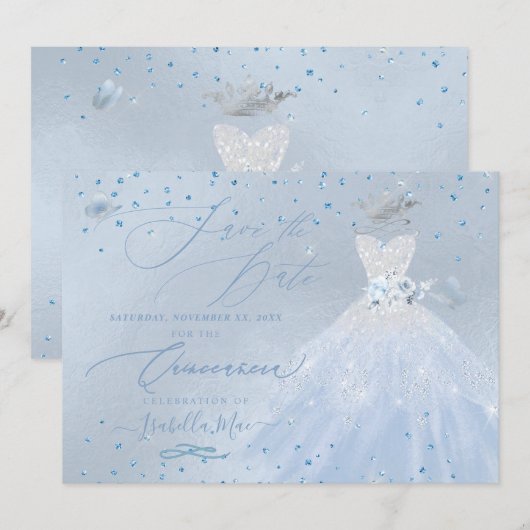 Quinceanera Save the Date Blue Silver Kaart (Voorkant / Achterkant)