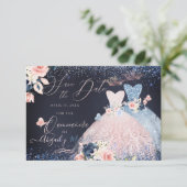 Quinceanera Save the Date Blush Dusty Blue Gowns Kaart (Staand voorkant)