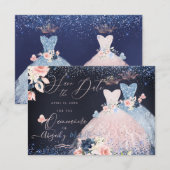 Quinceanera Save the Date Blush Dusty Blue Gowns Kaart (Voorkant / Achterkant)