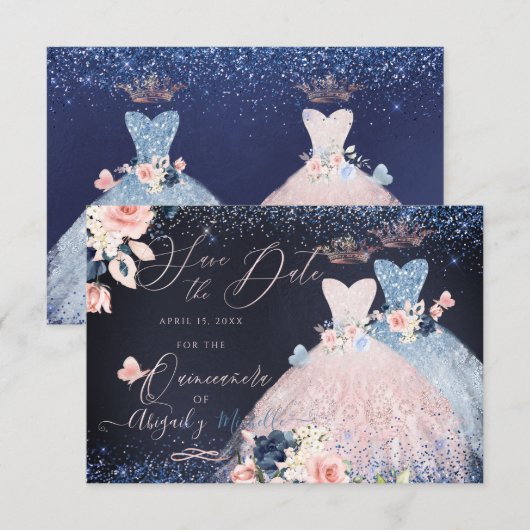 Quinceanera Save the Date Blush Dusty Blue Gowns Kaart (Voorkant / Achterkant)