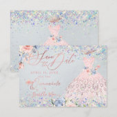 Quinceanera Save the Date Blush Pink Glitter Gown Kaart (Voorkant / Achterkant)