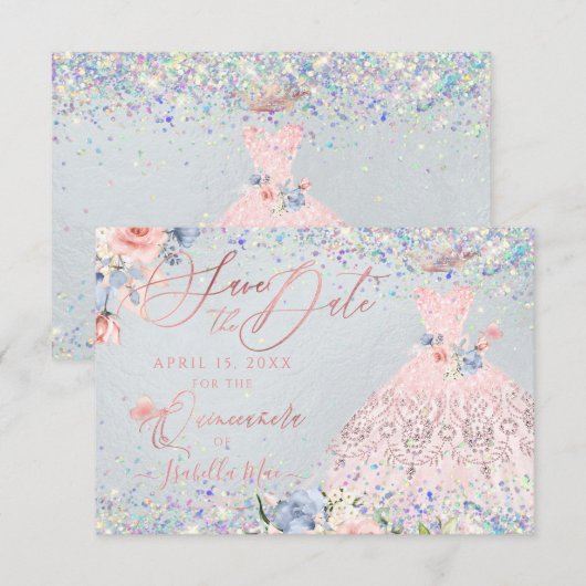 Quinceanera Save the Date Blush Pink Glitter Gown Kaart (Voorkant / Achterkant)