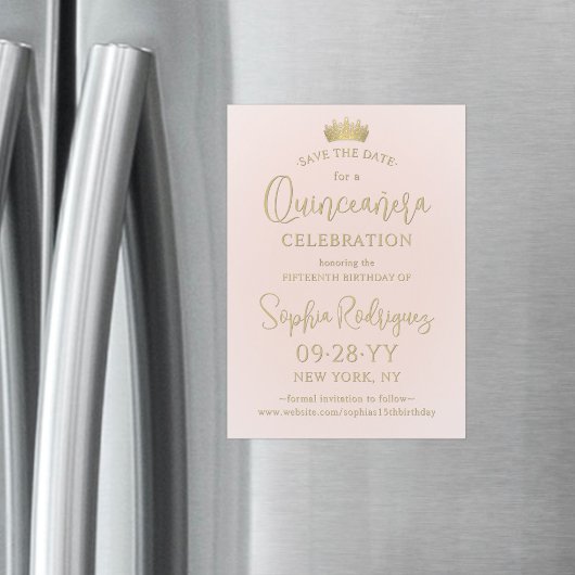 Quinceañera Save the Date Blush Pink & Gold Crown Magnetische Uitnodiging