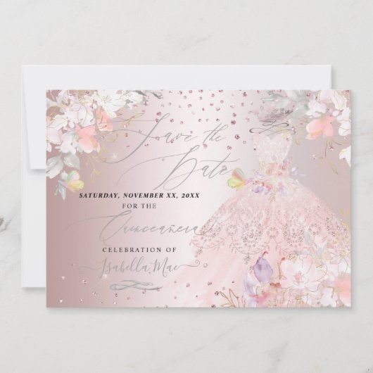 Quinceanera Save the Date Blush Roos Sweet Peas Kaart (Voorkant)