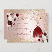 Quinceanera Save the Date Burgundy Gown Invitation Kaart (Voorkant / Achterkant)
