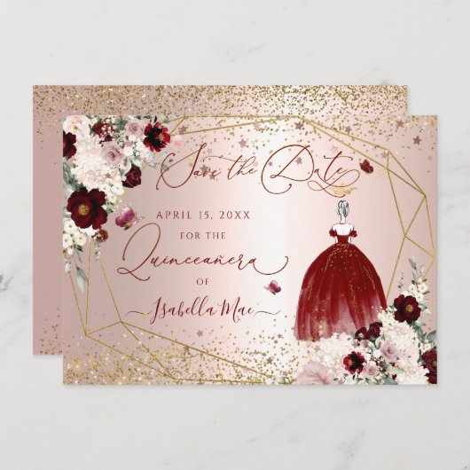 Quinceanera Save the Date Burgundy Gown Invitation Kaart (Voorkant / Achterkant)