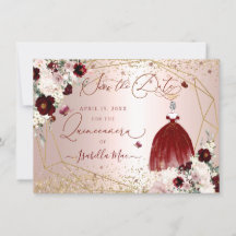 Quinceanera Save the Date Burgundy Gown Invitation