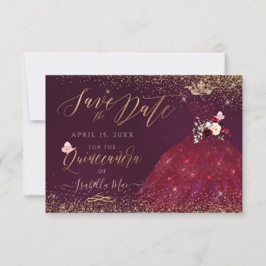 Quinceanera Save the Date Burgundy Gown Kaart (Voorkant)