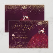 Quinceanera Save the Date Burgundy Gown Kaart (Voorkant / Achterkant)