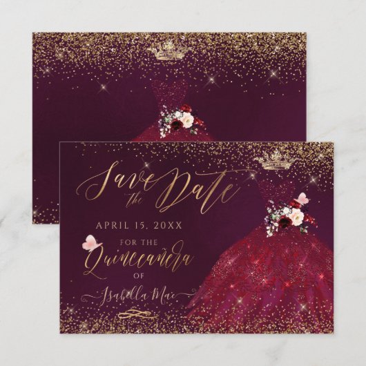 Quinceanera Save the Date Burgundy Gown Kaart (Voorkant / Achterkant)