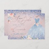Quinceanera Save the Date Dusty Blue Gown Kaart (Voorkant / Achterkant)