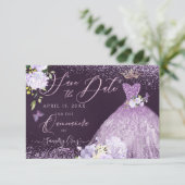 Quinceanera Save the Date Dusty Paars Gown Invit Kaart (Staand voorkant)