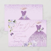 Quinceanera Save the Date Dusty Paars Gown Kaart (Voorkant / Achterkant)
