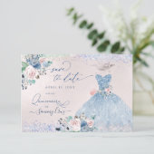 Quinceanera Save the Date Dusty Pink Blue Peonies  Kaart (Staand voorkant)