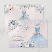Quinceanera Save the Date Dusty Pink Blue Peonies  Kaart (Voorkant / Achterkant)