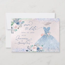 Quinceanera Save the Date Dusty Pink Blue Peonies  Kaart