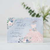 Quinceanera Save the Date Dusty Pink Blue Peonies Kaart (Staand voorkant)