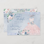 Quinceanera Save the Date Dusty Pink Blue Peonies Kaart (Voorkant / Achterkant)