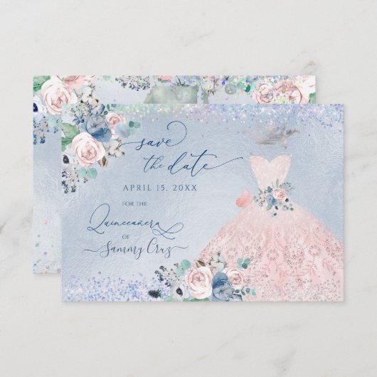 Quinceanera Save the Date Dusty Pink Blue Peonies Kaart (Voorkant / Achterkant)