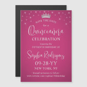 Quinceañera Save the Date Elegant Fuschia Pink Magnetische Uitnodiging (Voorkant / Achterkant)