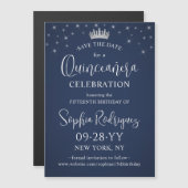 Quinceañera Save the Date Elegant Navy Blue Magnetische Uitnodiging (Voorkant / Achterkant)