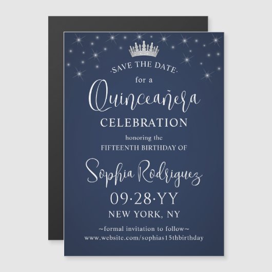 Quinceañera Save the Date Elegant Navy Blue Magnetische Uitnodiging (Voorkant / Achterkant)