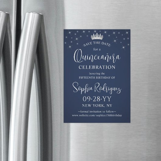Quinceañera Save the Date Elegant Navy Blue Magnetische Uitnodiging