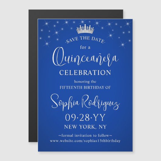 Quinceañera Save the Date Elegant Royal Blue Magnetische Uitnodiging (Voorkant / Achterkant)