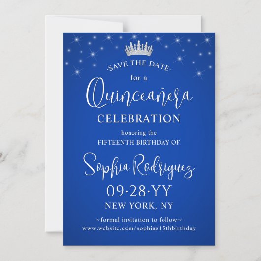 Quinceañera Save the Date Elegant Royal Blue Magnetische Uitnodiging (Voorkant)