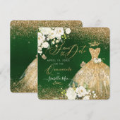 Quinceanera Save the Date Faux Glitter Gold Gown Kaart (Voorkant / Achterkant)