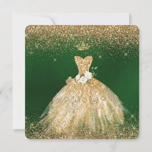 Quinceanera Save the Date Faux Glitter Gold Gown Kaart (Achterkant)