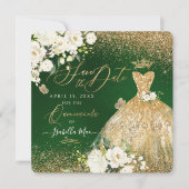 Quinceanera Save the Date Faux Glitter Gold Gown Kaart (Voorkant)